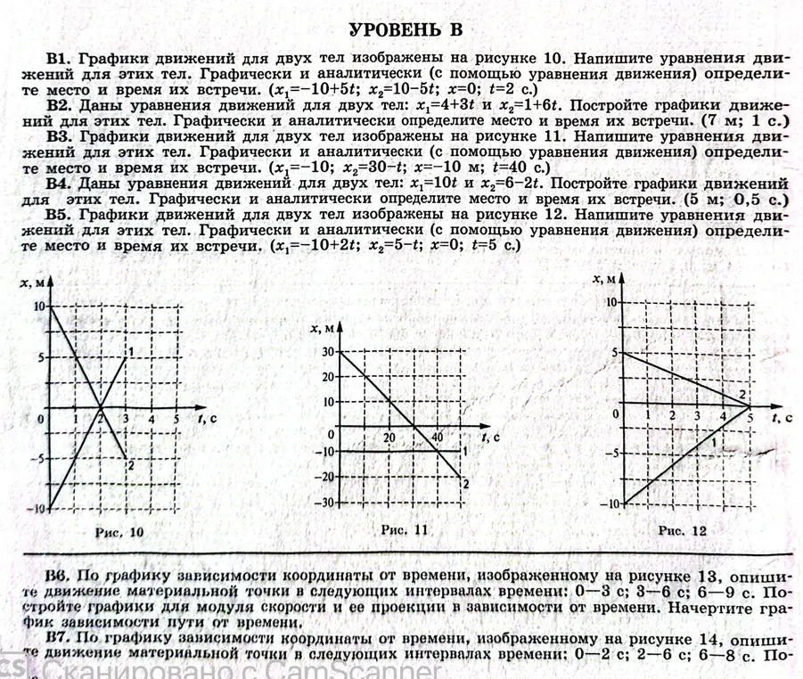 Реши задачи B1-B7 по физике, связанные с графиками движения и уравнениями движения.