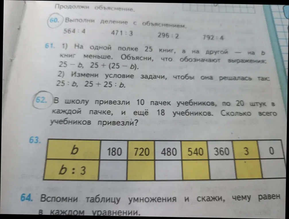Ты просишь выполнить деление с объяснением, объяснить выражения в задаче про книги, решить задачу про учебники, заполнить таблицу делением на 3 и вспомнить таблицу умножения, чтобы сказать, чему равен b в каждом уравнении.