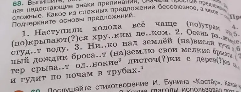 Вставь пропущенные буквы и раскрой скобки в предложениях и подчеркни основы предложений