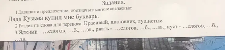 Запиши предложение 'Дядя Кузьма купил мне букварь', обозначь мягкие согласные
