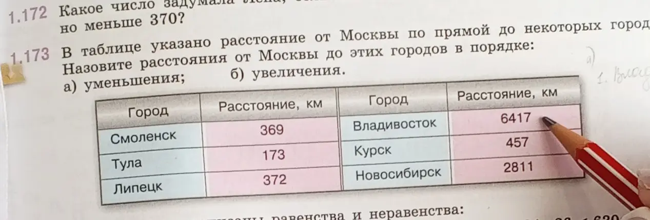 Назови расстояния от Москвы до этих городов в порядке уменьшения и увеличения
