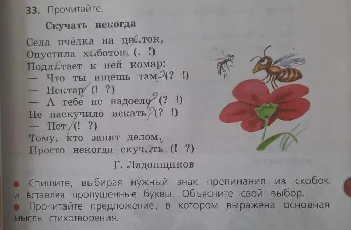 Ты просишь вставить пропущенные буквы и знаки препинания, а также найти предложение, в котором выражена основная мысль стихотворения.