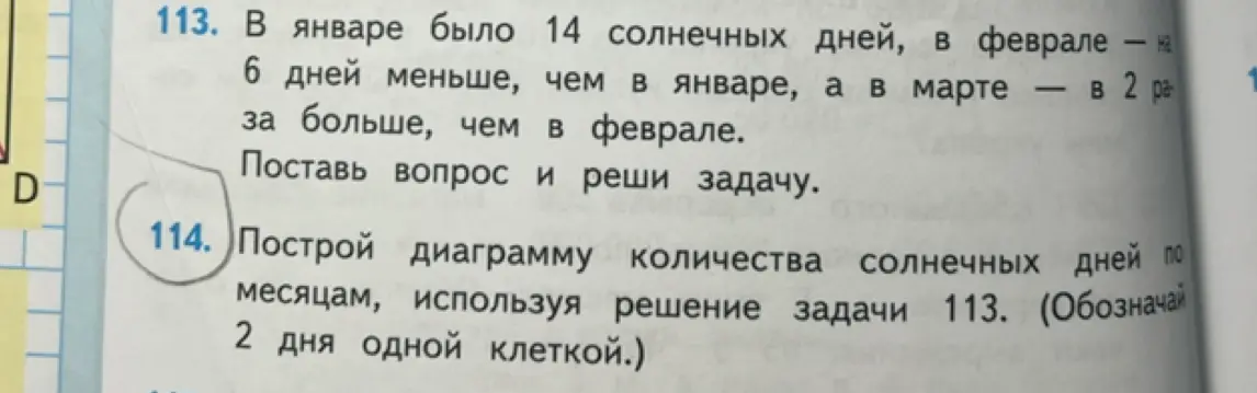 Составь вопрос и реши задачу про количество солнечных дней в январе, феврале и марте, а также построй диаграмму количества солнечных дней по месяцам