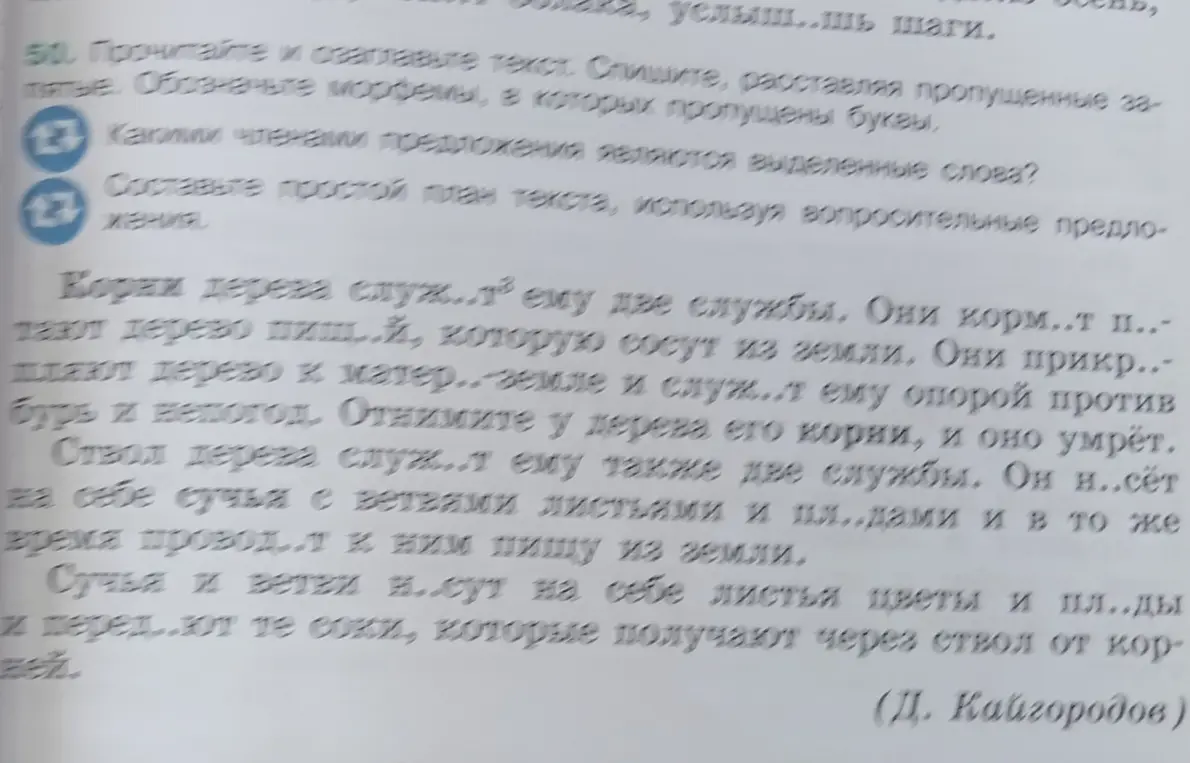 Помоги определить какими членами предложения являются выделенные слова в тексте про дерево.