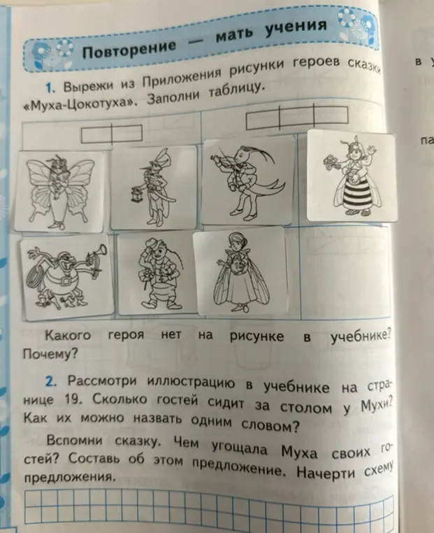 Ты можешь определить, какого героя нет на рисунке в учебнике «Муха-Цокотуха»? Сколько гостей сидит за столом у Мухи, как их можно назвать одним словом? Чем угощала Муха своих гостей? Составь об этом предложение.