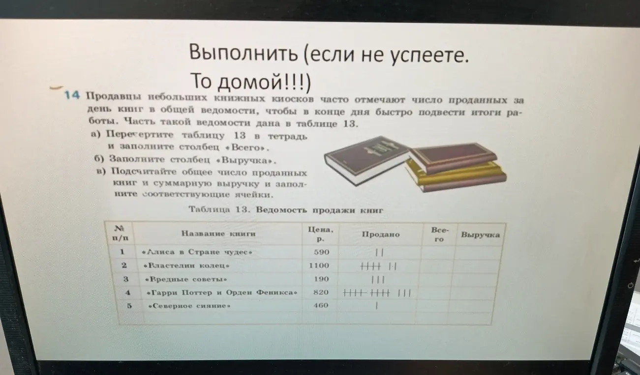 Объясни, как заполнить таблицу из задания 14 про ведомость продажи книг