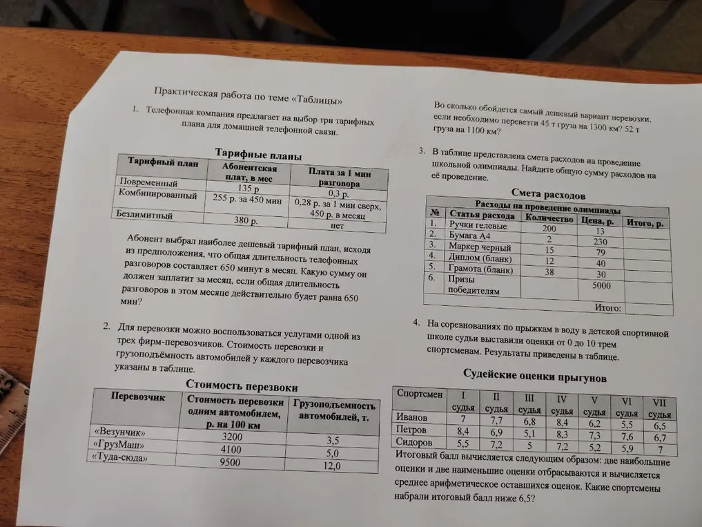 Помоги решить задачи по теме таблицы: про тарифные планы, перевозки, смету расходов на олимпиаду и судейские оценки прыгунов