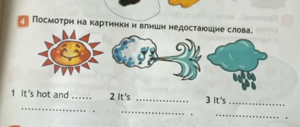 Посмотри на картинки и впиши недостающие слова в предложении 'It's hot and...'