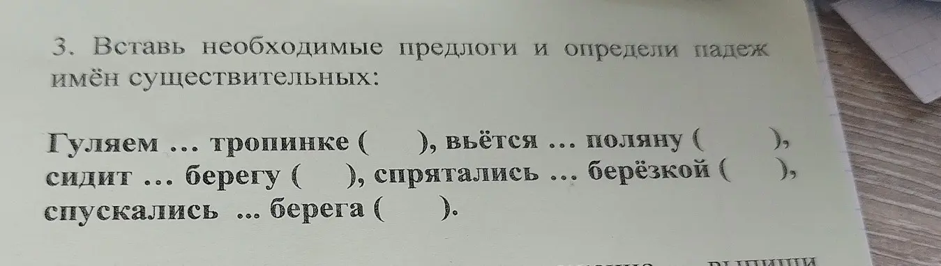 Вставь необходимые предлоги и определи падеж имён существительных в предложении 'Гуляем ... тропинке (...)'