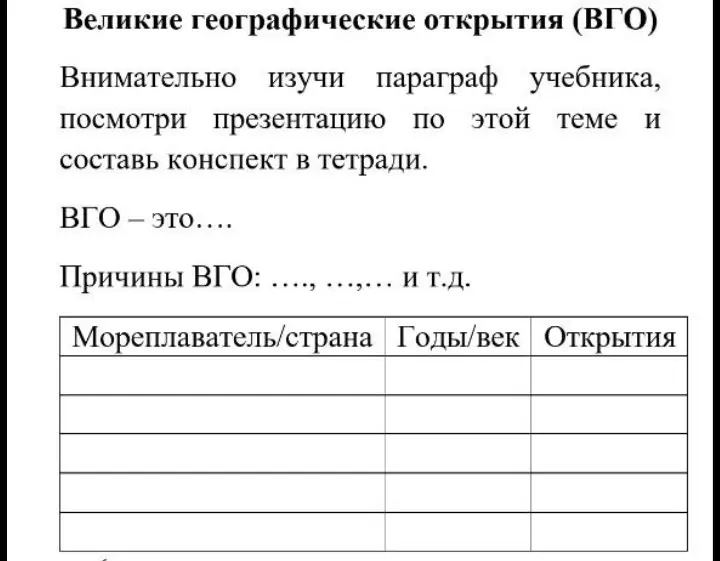 Составь конспект в тетради о великих географических открытиях.