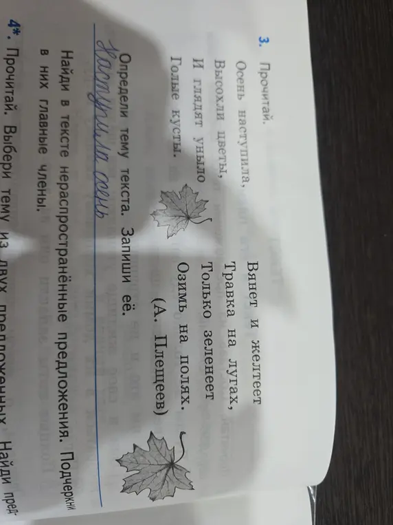 Ты просишь определить тему текста, записать её, найти в тексте нераспространённые предложения и подчеркнуть в них главные члены.