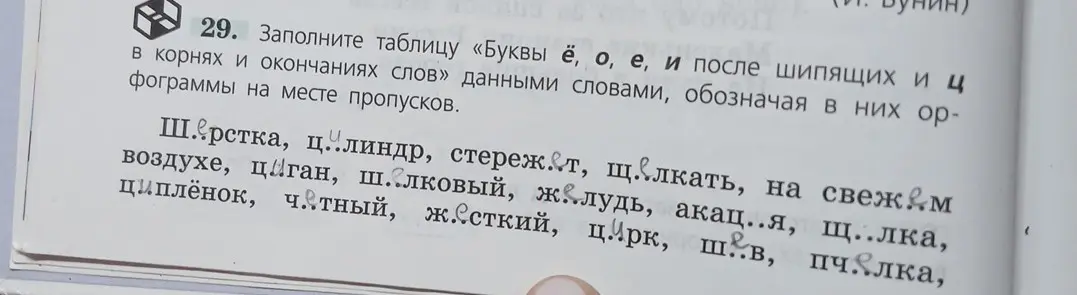 Заполни таблицу «Буквы ё, о, е, и после шипящих и ц в корнях и окончаниях слов» данными словами, обозначая в них орфограммы на месте пропусков в слове шерстка