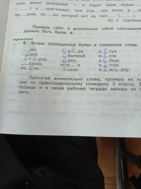 Вставь пропущенные буквы в словарные слова.
