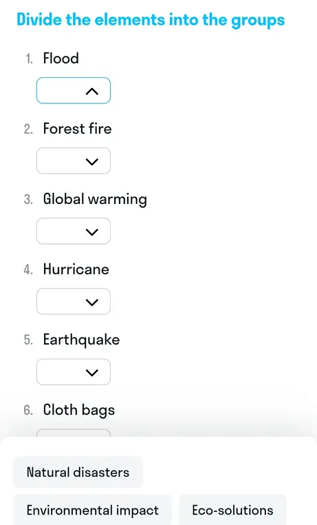 Раздели элементы на группы: Flood, Forest fire, Global warming, Hurricane, Earthquake, Cloth bags, Recycling, Water wasting, Volcanic eruption, Solar energy, Plastic waste, Steel bottles, Wind farm