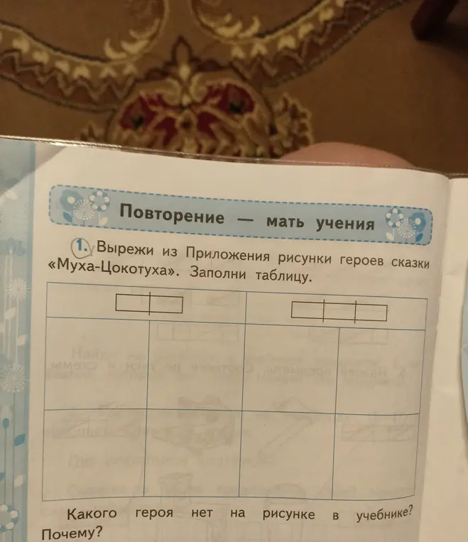 Ты просишь меня помочь вырезать из приложения рисунки героев сказки «Муха-Цокотуха» и заполнить таблицу, а также ответить на вопрос, какого героя нет на рисунке в учебнике.