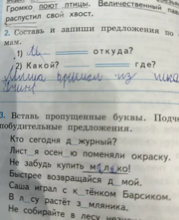 Составь и запиши предложения по схемам. Вставь пропущенные буквы и подчеркни побудительные предложения.