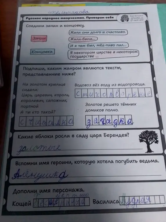 Соедини зачин и концовку. Подпиши, каким жанром являются тексты, представленные ниже?