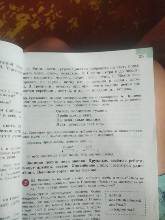 Выполни задание 56. Найди однокоренные слова в стихотворении А. Пушкина «Зимняя дорога» и определи части речи. Составь два предложения с любыми из выделенных однокоренных слов (одно — с прилагательным, другое — с наречием).