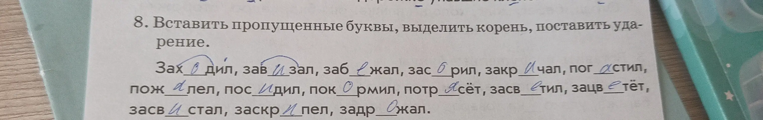 Предложи, как вставить пропущенные буквы, выделить корень и поставить ударение в словах: 'Зах...дил, зав...зал, забе...жал'