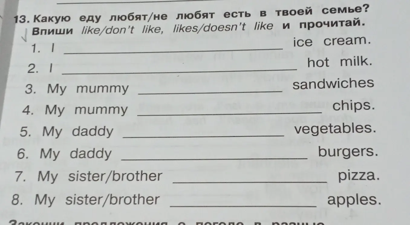 Ты просишь меня заполнить пропуски, используя like/don't like, likes/doesn't like в предложениях о том, какую еду любят или не любят в семье.
