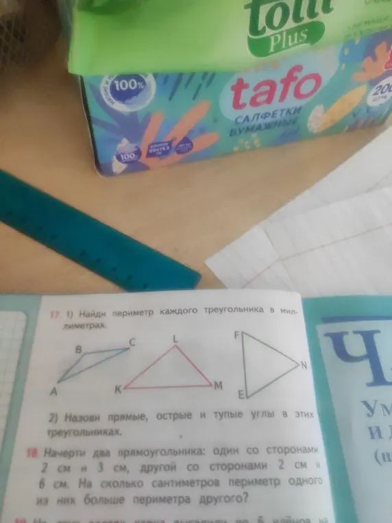Начерти два прямоугольника: один со сторонами 2 см и 3 см, другой со сторонами 2 см и 6 см. На сколько сантиметров периметр одного из них больше периметра другого?