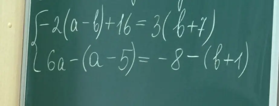 Реши систему уравнений методом подстановки: -2(a-b)+16=3(b+7), 6a-(a-5)=-8-(b+1)