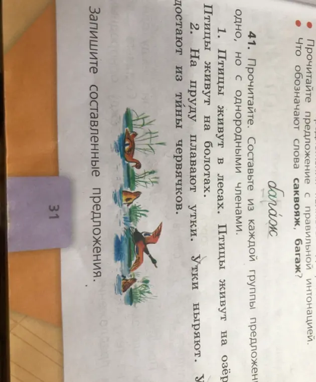 Составь из каждой группы предложений одно, но с однородными членами: 'Птицы живут в лесах. Птицы живут на озёрах. Птицы живут на болотах.'