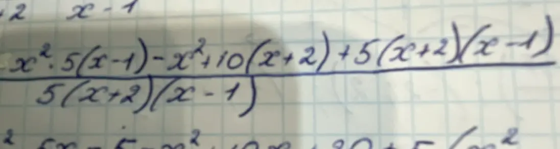 Помоги упростить алгебраическое выражение \frac{x^2 \cdot 5(x-1) - x^2 + 10(x+2) + 5(x+2)(x-1)}{5(x+2)(x-1)}