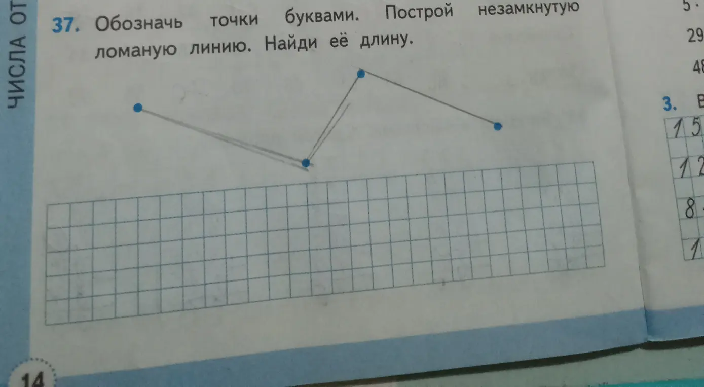 Обозначь точки буквами, построй незамкнутую ломаную линию и найди её длину