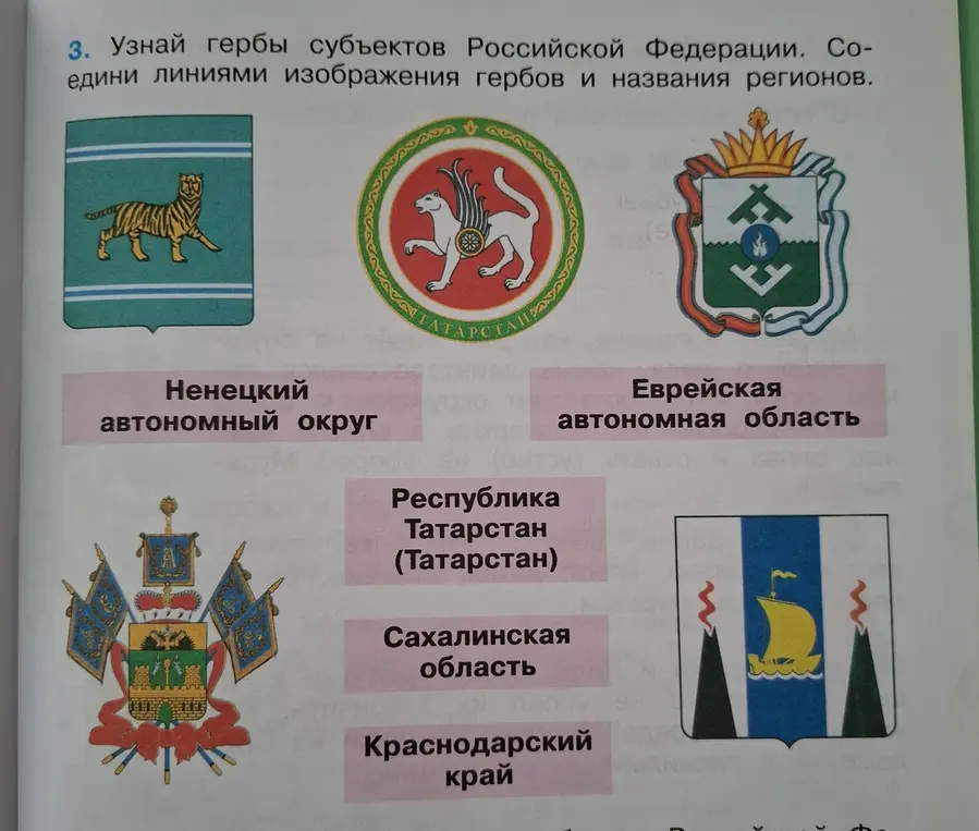 Помоги мне узнать гербы субъектов Российской Федерации и соединить линиями изображения гербов и названия регионов.
