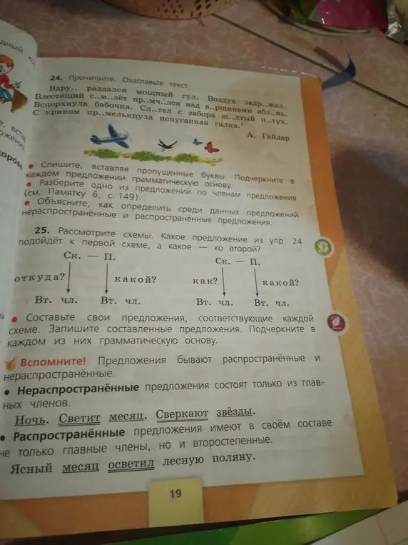 Объясни, какое предложение из упражнения 24 подойдёт к первой схеме, а какое ко второй