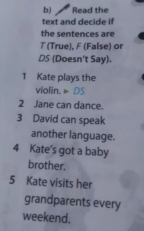 Проверь предложения T (True), F (False) или DS (Doesn't Say) по тексту: Jane can dance