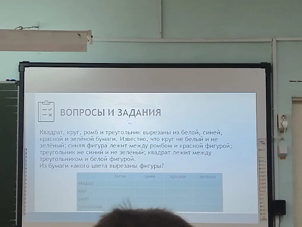 Определи, из бумаги какого цвета вырезаны фигуры: квадрат, круг, ромб и треугольник