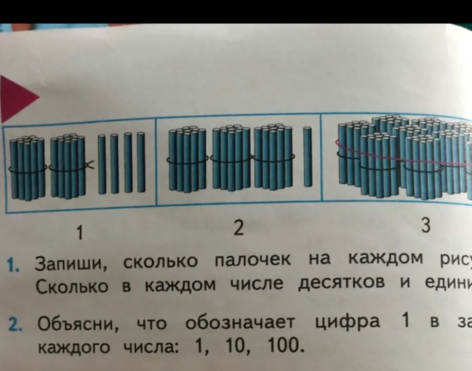 Объясни, сколько палочек на каждом рисунке, и что обозначает цифра 1 в числах 1, 10, 100