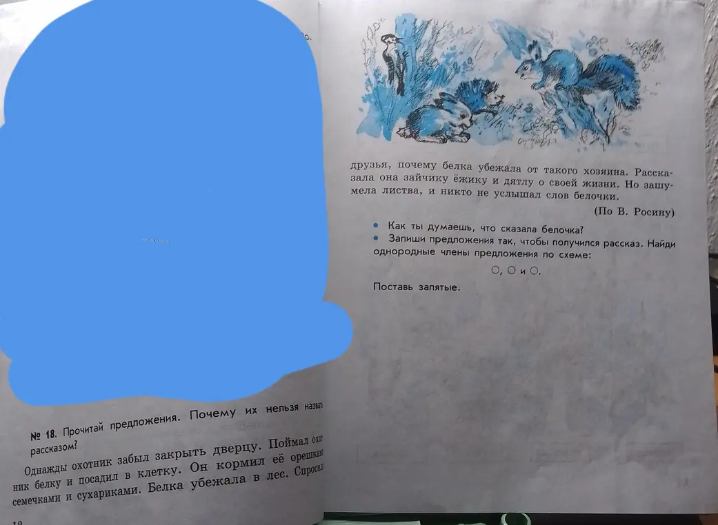 Объясни, почему нельзя назвать рассказом предложения. Предложи, что могла сказать белочка. Запиши предложения так, чтобы получился рассказ. Найди однородные члены предложения по схеме: О, О и О. Поставь запятые.