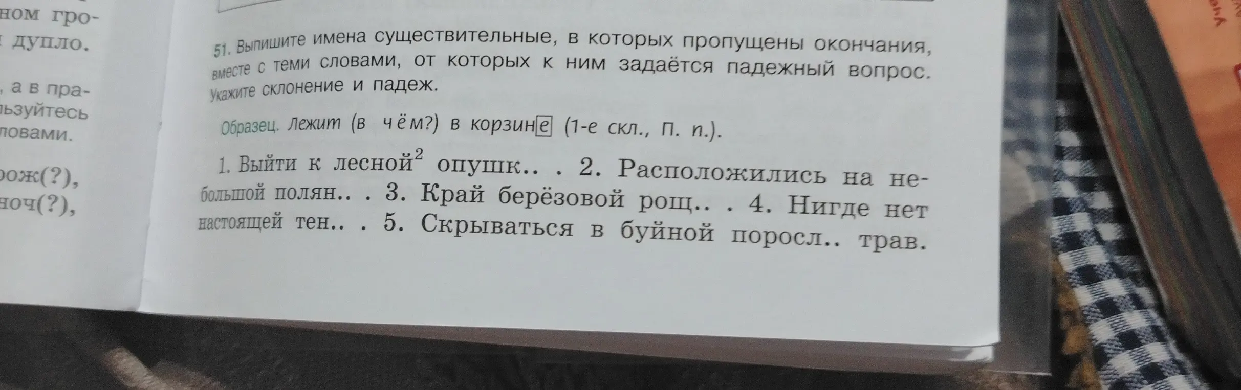Выпиши имена существительные, в которых пропущены окончания, вместе с теми словами, от которых к ним задаётся падежный вопрос в задании 1