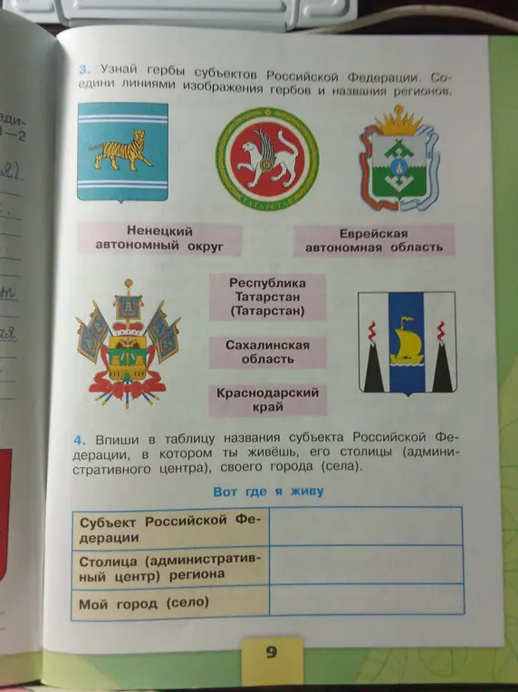 Соедини линиями изображения гербов и названия регионов