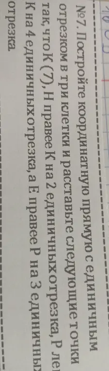 Помоги построить координатную прямую с единичным отрезком и расставить точки К (7), Н, Р, Е