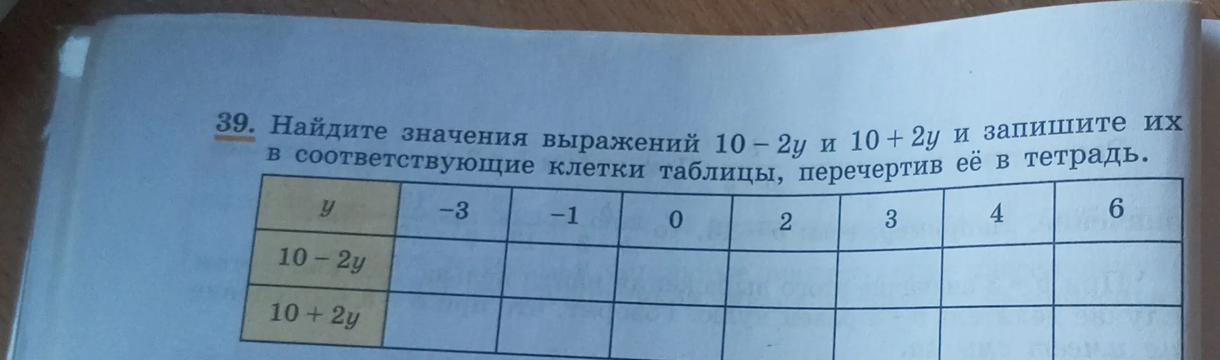Найди значения выражений 10 - 2у и 10 + 2у и запиши их в соответствующие клетки таблицы, перечертив её в тетрадь