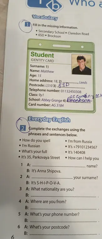 Заполни пропущенную информацию в карточке студента и закончи диалоги, используя фразы и предложения ниже.