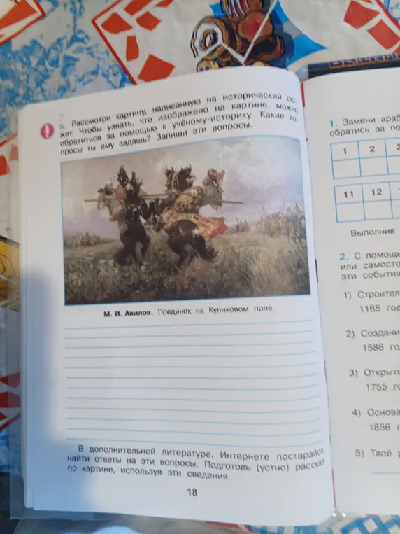 Какие вопросы ты задашь историку, чтобы узнать, что изображено на картине "Поединок на Куликовом поле"?