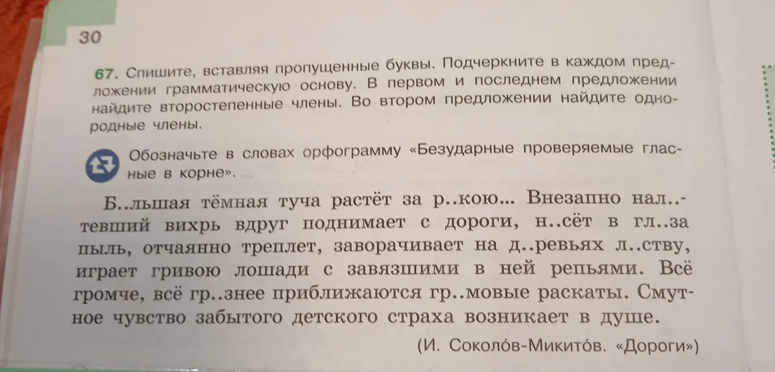 Выполни задание из упражнения: спиши текст, вставляя пропущенные буквы и подчёркивая грамматическую основу.