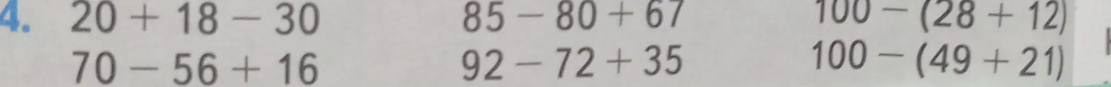 Реши примеры: 20 + 18-30, 70-56+16, 85-80+67, 92-72 +35, 100-(28+12), 100- (49 +21)