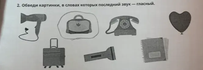Обведи картинки, в словах которых последний звук – гласный