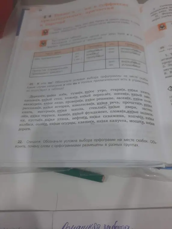 Объясни, как выбрать орфограмму на месте скобок в словах с Н или НН, и почему слова с орфограммами размещены в разных группах.