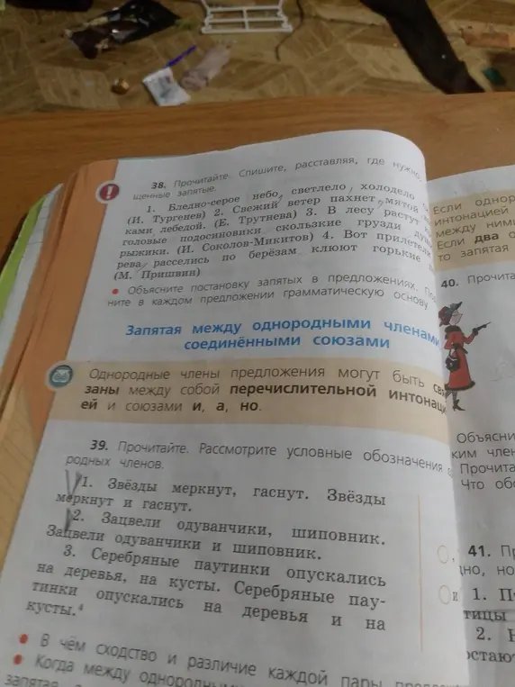 Помоги выполнить упражнения 38 и 39: расставь запятые, объясни постановку запятых в предложениях, объясни сходство и различие пар предложений, объясни когда между однородными членами ставится запятая