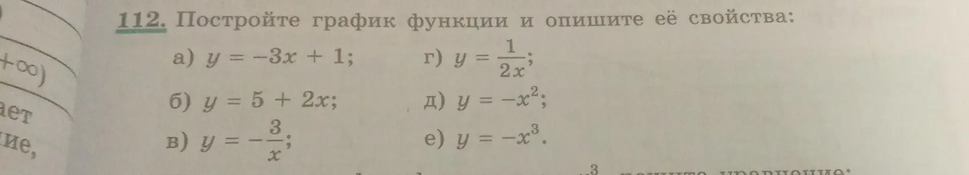 Построй график функции y = -3x + 1 и опиши её свойства