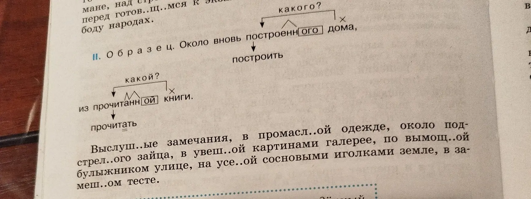 Определи, какие буквы пропущены в словах 'Выслуш..ые замечания, в промасл..ой одежде, около подстрел..ого зайца'