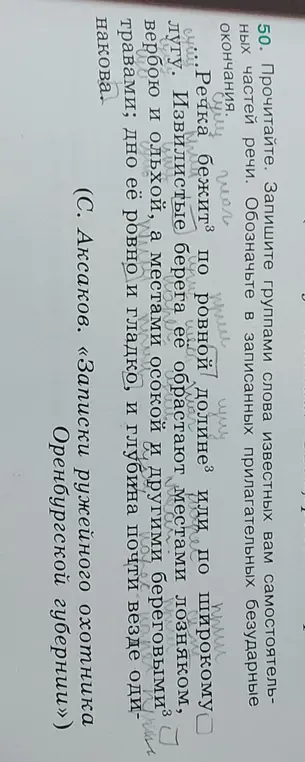 Выполни задание: запиши группами слова известных тебе самостоятельных частей речи и обозначь в записанных прилагательных безударные окончания