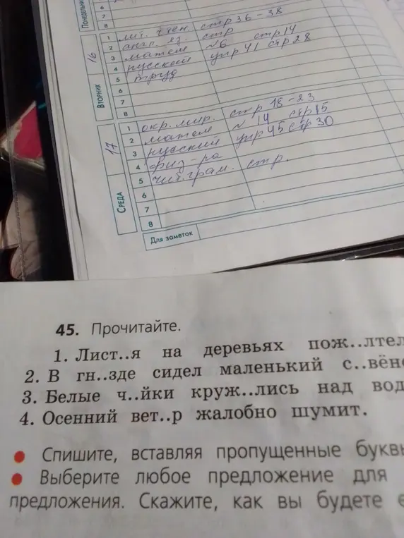 В каком месте предложений вставить пропущенные буквы и сделать синтаксический разбор одного предложения?
